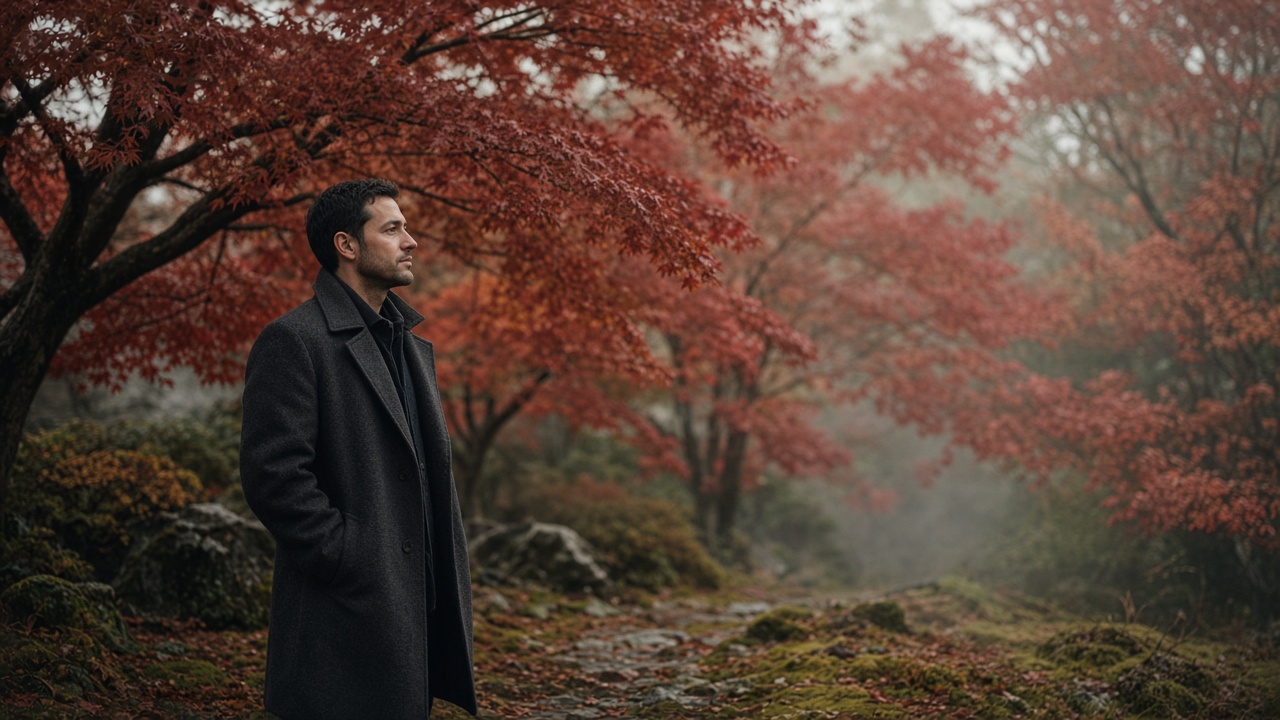 A man in a dark overcoat standing among Japanese maple trees in autumn